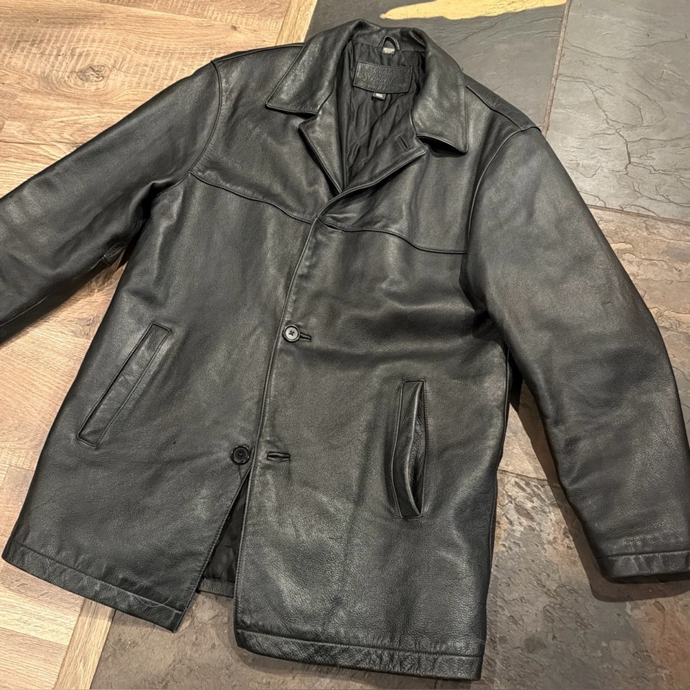 St. John’s Bay Black Leather Jacket Bomber Button Up Quilted Lined Trench Mens M